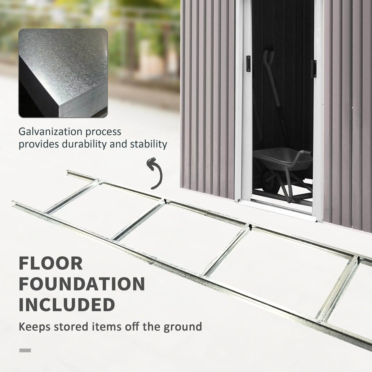 Metal shed floor foundation frame kit with support rails and panel base included