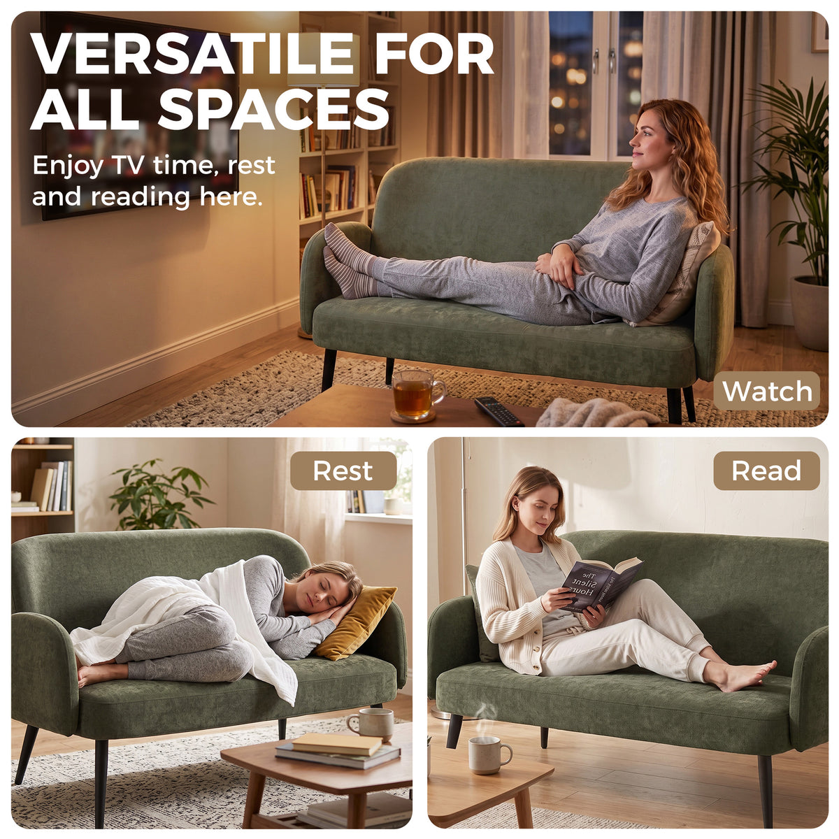 Green velvet sofa with wide seat and curved arms, styled for TV viewing and reading