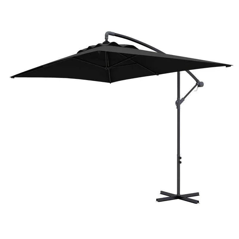 Black rectangular cantilever patio parasol with crank handle and cross base
