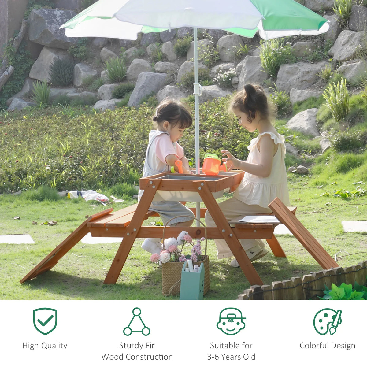 Kids wooden picnic table with benches and adjustable parasol, children playing