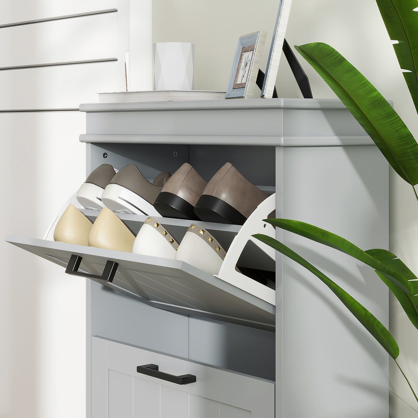 HOMCOM Two Drawer Minimalistic 10 Shoe Cabinet in Grey with Adjustable Shelves for Small Spaces
