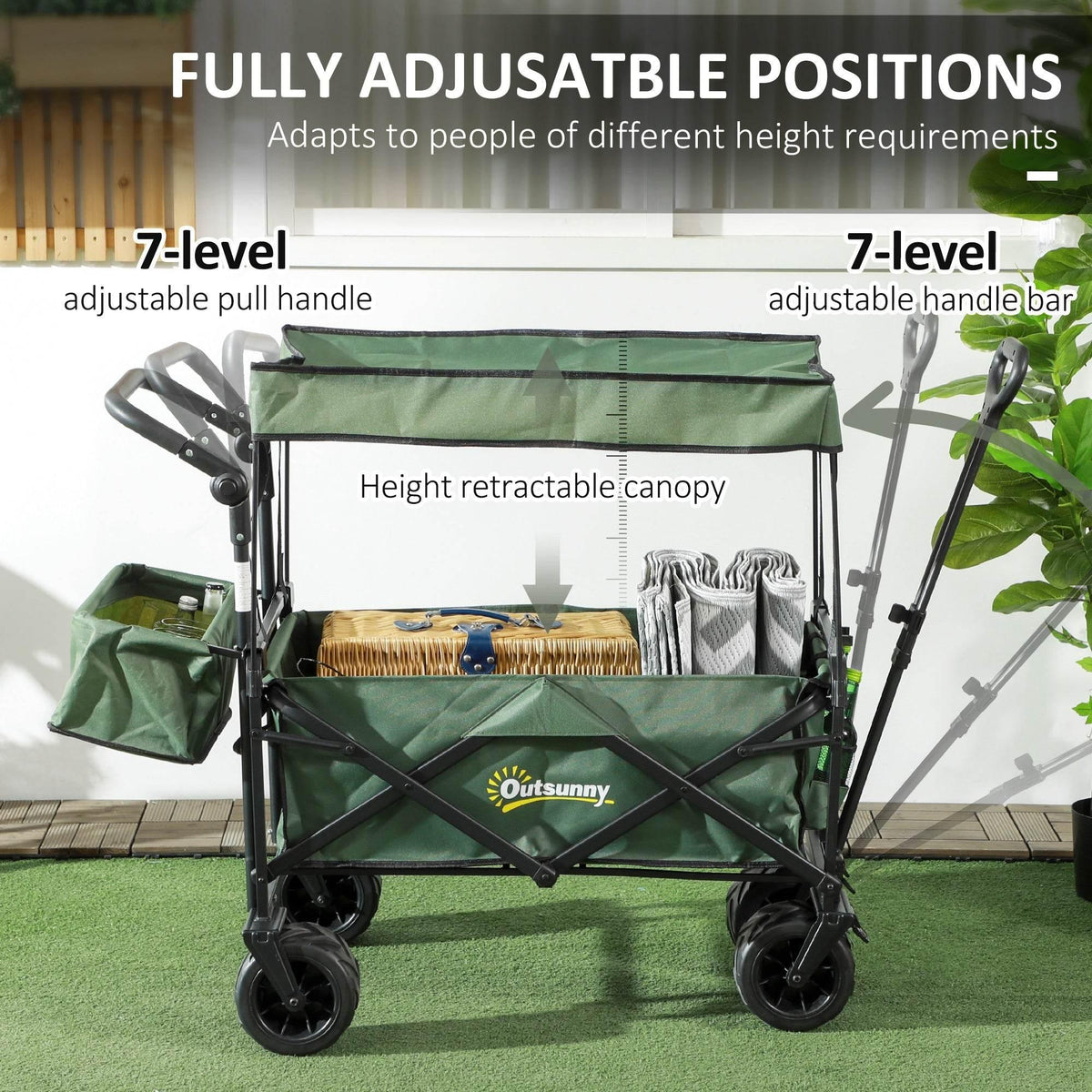 Green beach trolley cart with adjustable canopy and two handle bars, front view
