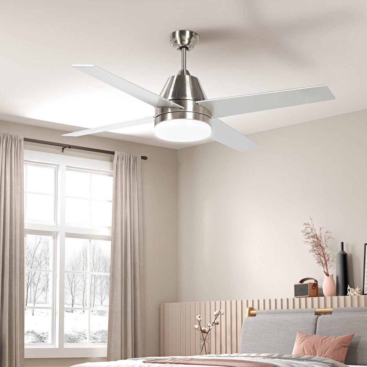 Silver flush-mount LED ceiling fan with five light blades and central light housing