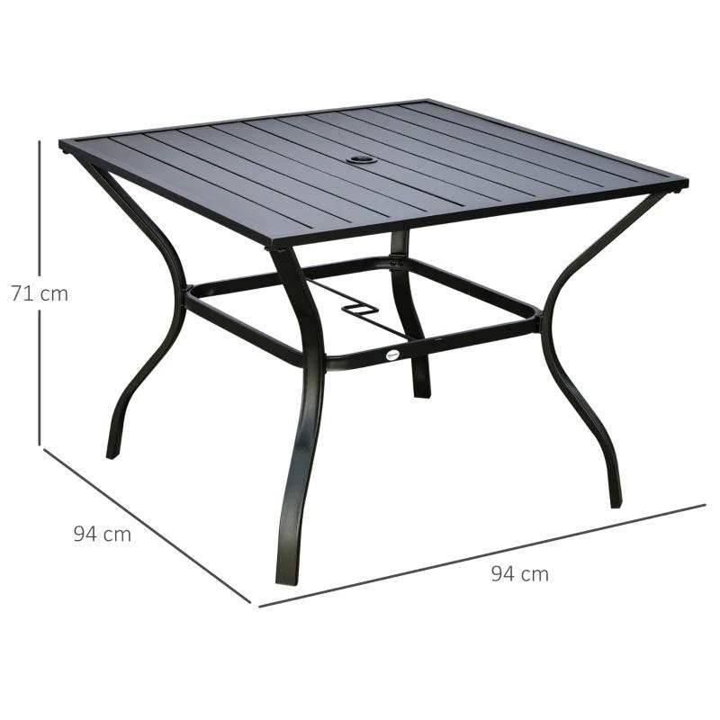 Black square outdoor dining table with slatted top and parasol hole