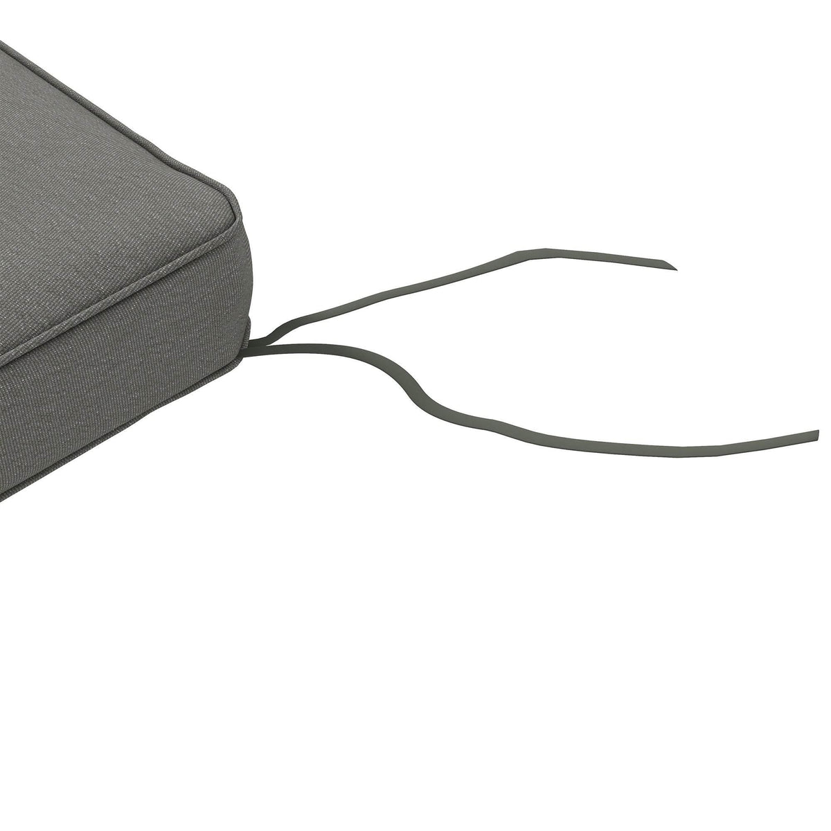 Close-up of charcoal grey seat cushion corner with long tie cords