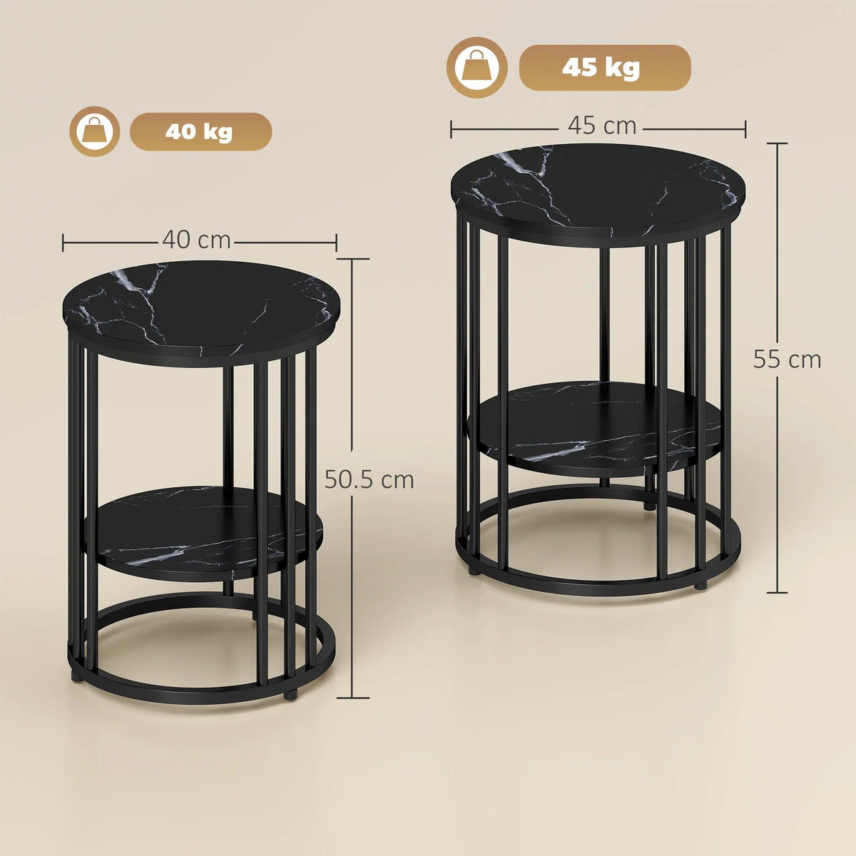 Two round two-tier coffee tables with faux marble tops and black steel frame, side view