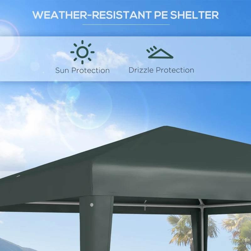 Dark green gazebo canopy roof corner with supporting posts