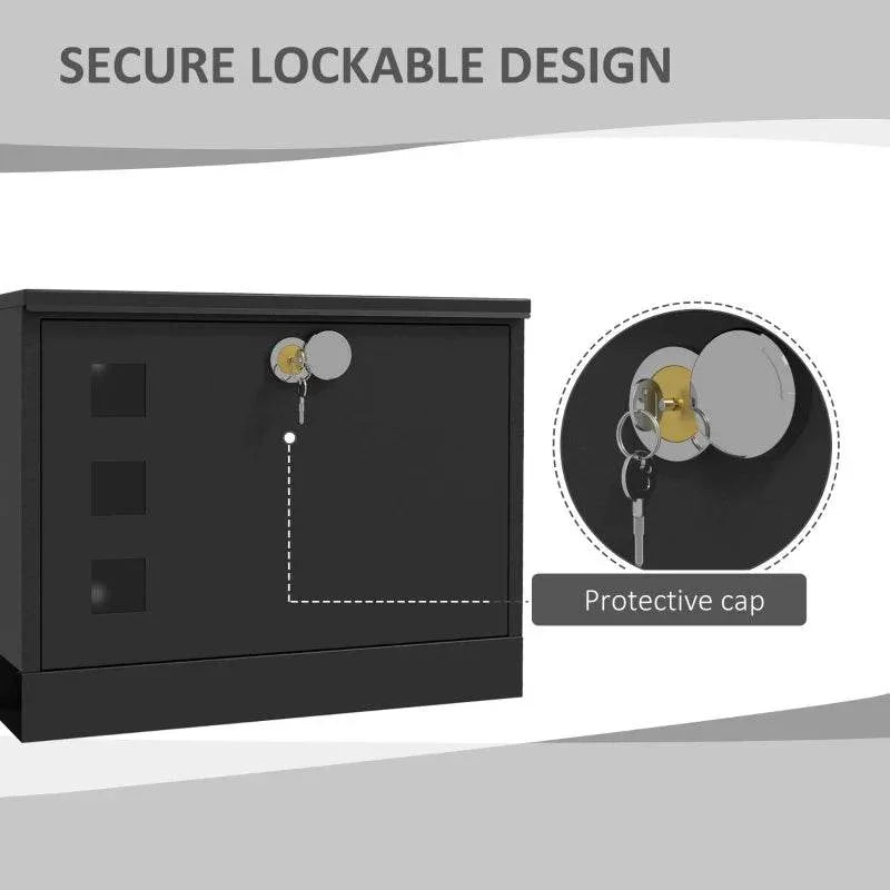 Lockable black wall mailbox with keyhole and protective cap detail near knob