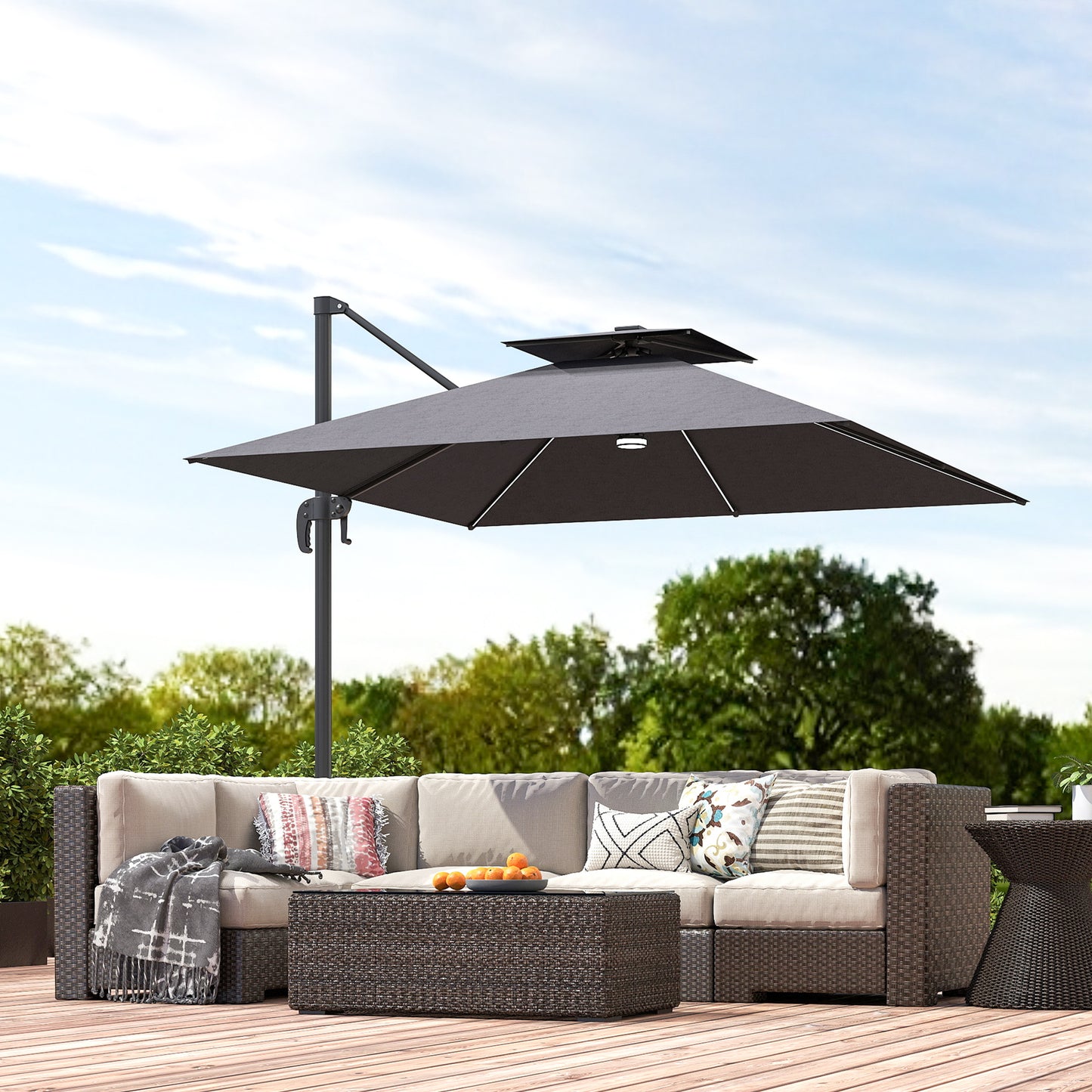 Outsunny 2.5m Cantilever Parasol With Solar LED Lights 360 Degree Rotation Tilt Adjustment Crank Handle Dark Grey