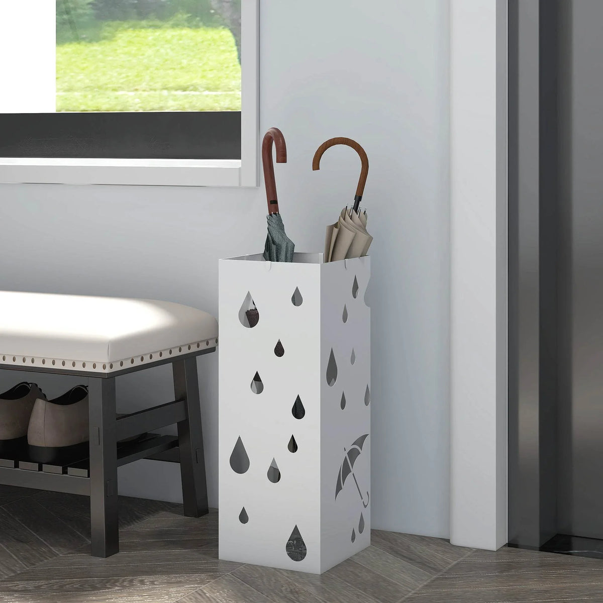 White umbrella holder stand with raindrop and umbrella cutout pattern