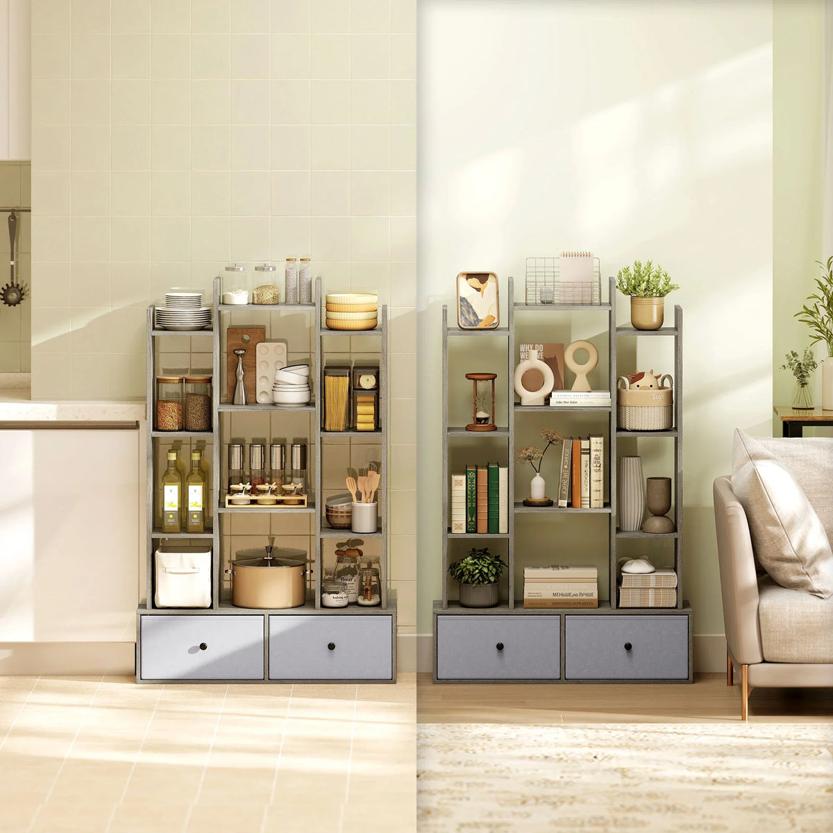 Graphite storage unit with open cubbies and two drawers for home organization