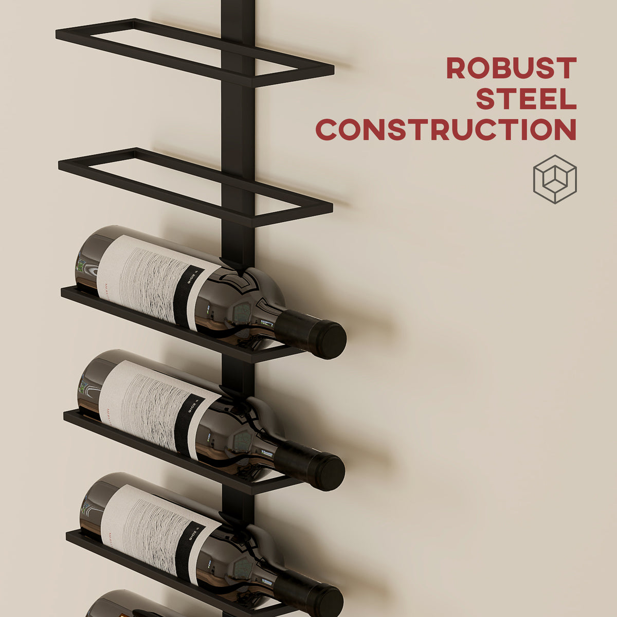 Black metal wine rack frame with horizontal tiers and bottle holders