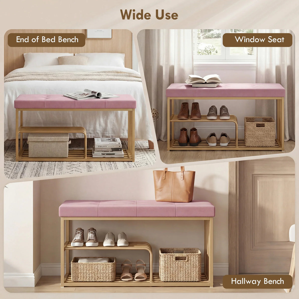 Pink velvet shoe storage bench with gold metal frame, designed for hallway or entry use