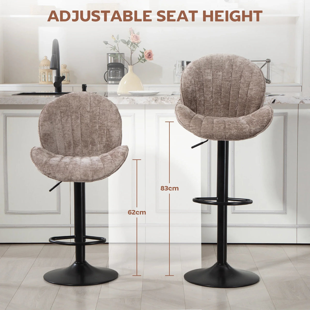 Brown adjustable-height bar stools with backrest, black column base, and round footrest