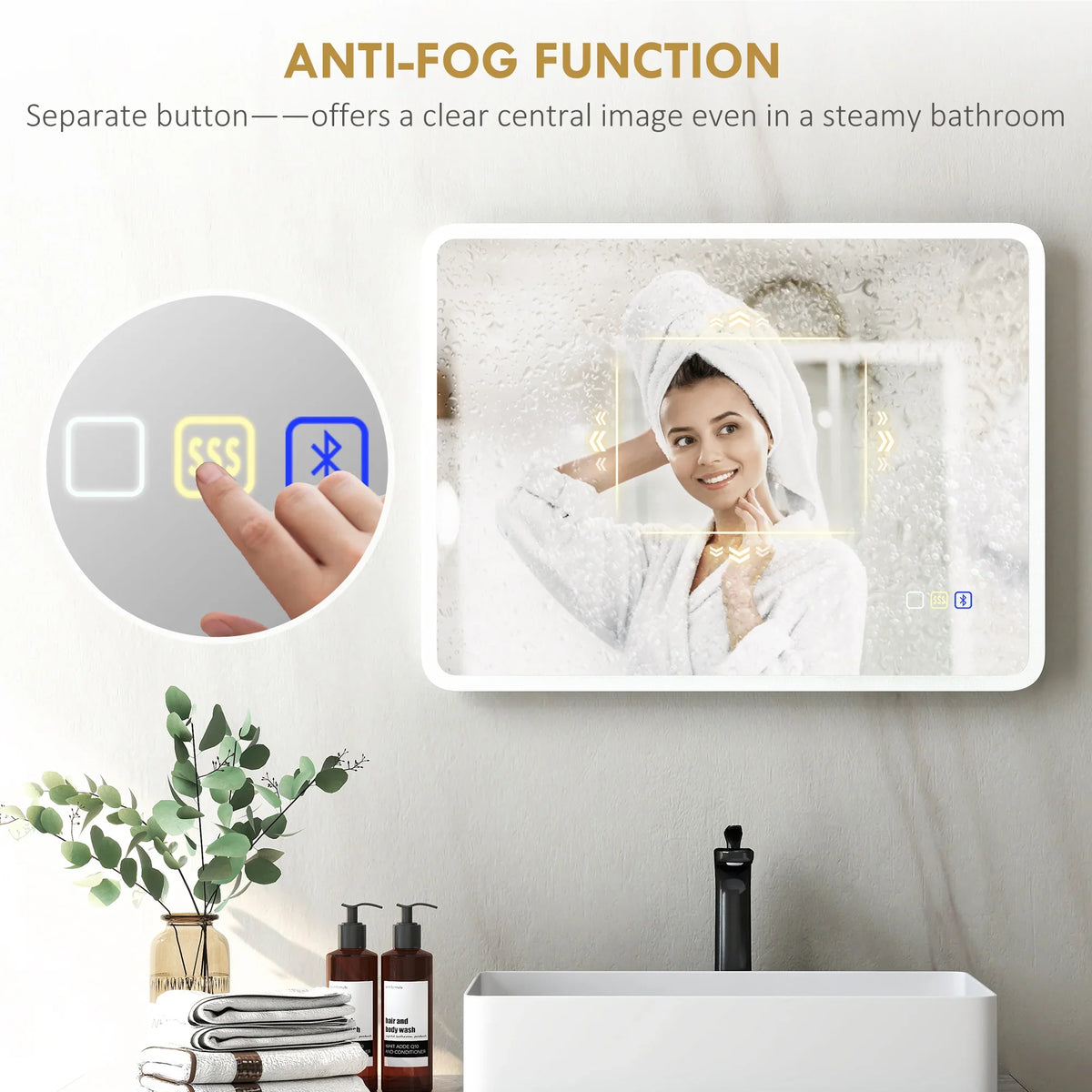 LED bathroom mirror with anti-fog feature and Bluetooth/touch indicator controls