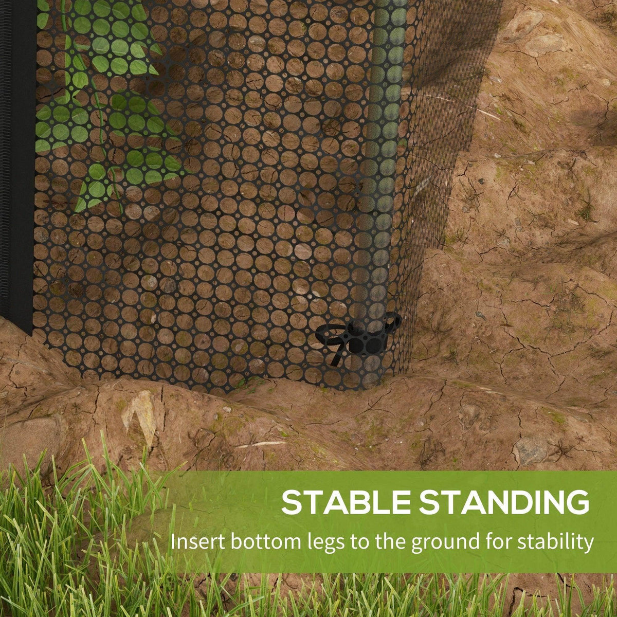 Stable standing plant protection tent with bottom legs anchored in the ground, mesh wall close-up.