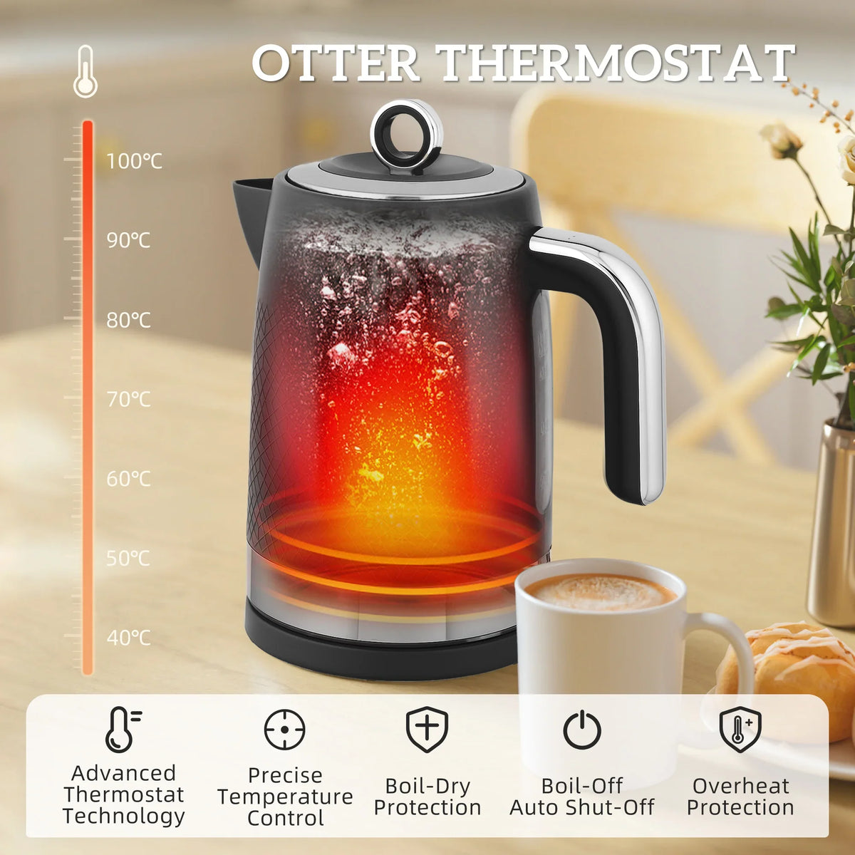 Black electric kettle with heat glow and thermostat temperature icons
