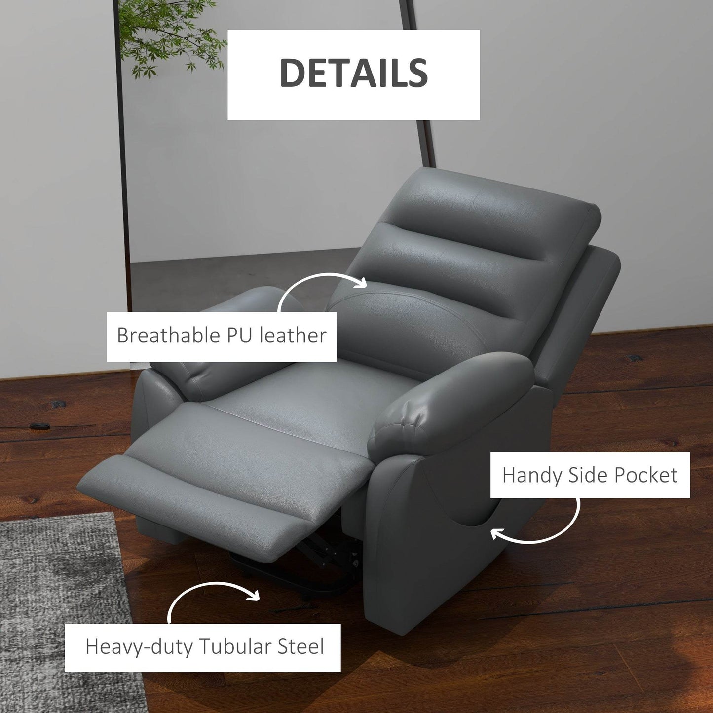 Gray power lift recliner chair with side pocket, PU leather look, and steel base