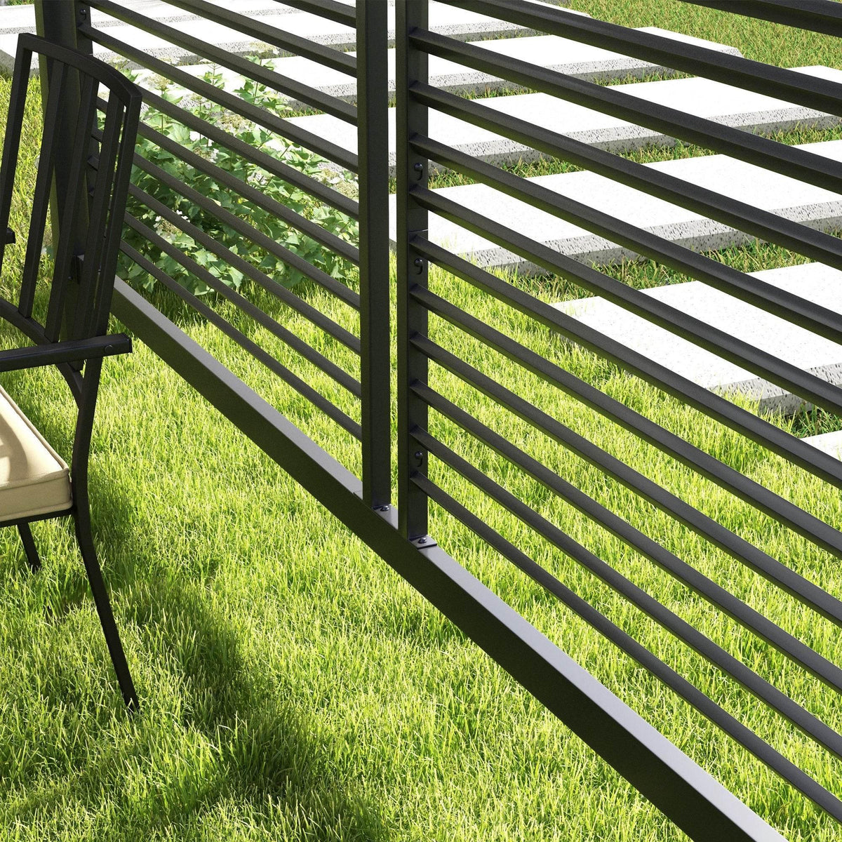 Close-up of grey metal pergola side louver slats and vertical frame posts on grass