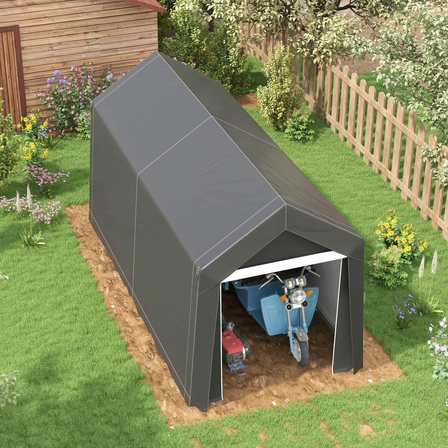 Portable Dark Grey Outdoor Storage Shed with Window and Ground Stakes - 3.6 x 2.1m - ALL4U RETAILER LTD