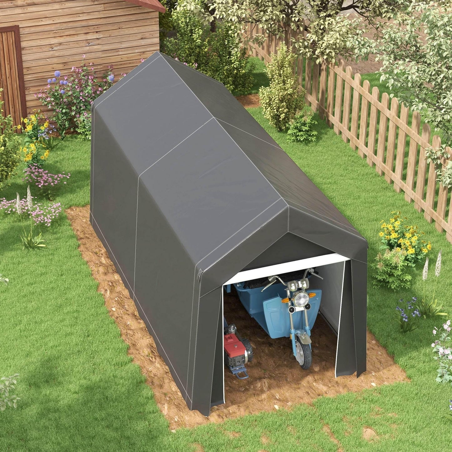 Portable Dark Grey Outdoor Storage Shed with Window and Ground Stakes - 3.6 x 2.1m - ALL4U RETAILER LTD
