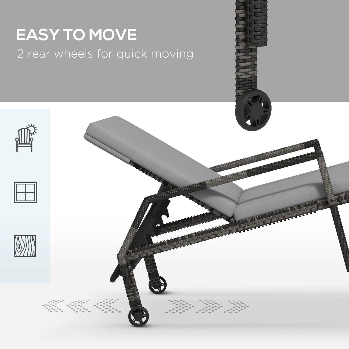 Outdoor chaise lounger with dark woven rattan frame, gray cushion, and 2 rear wheels