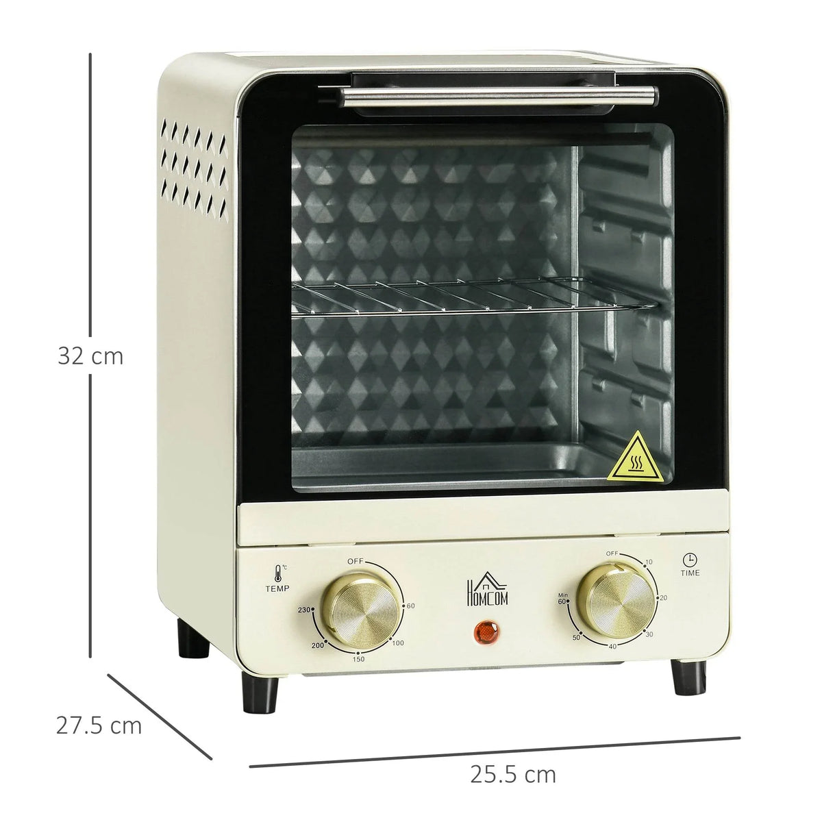 Cream white mini convection oven front view with glass door and two control knobs