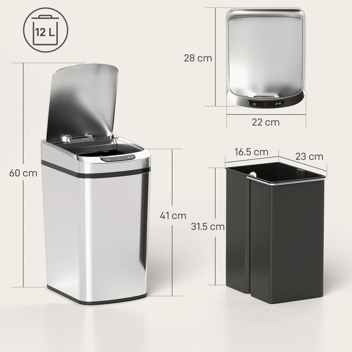 Stainless steel motion-sensor trash bin with 12L capacity, black inner bin, front controls
