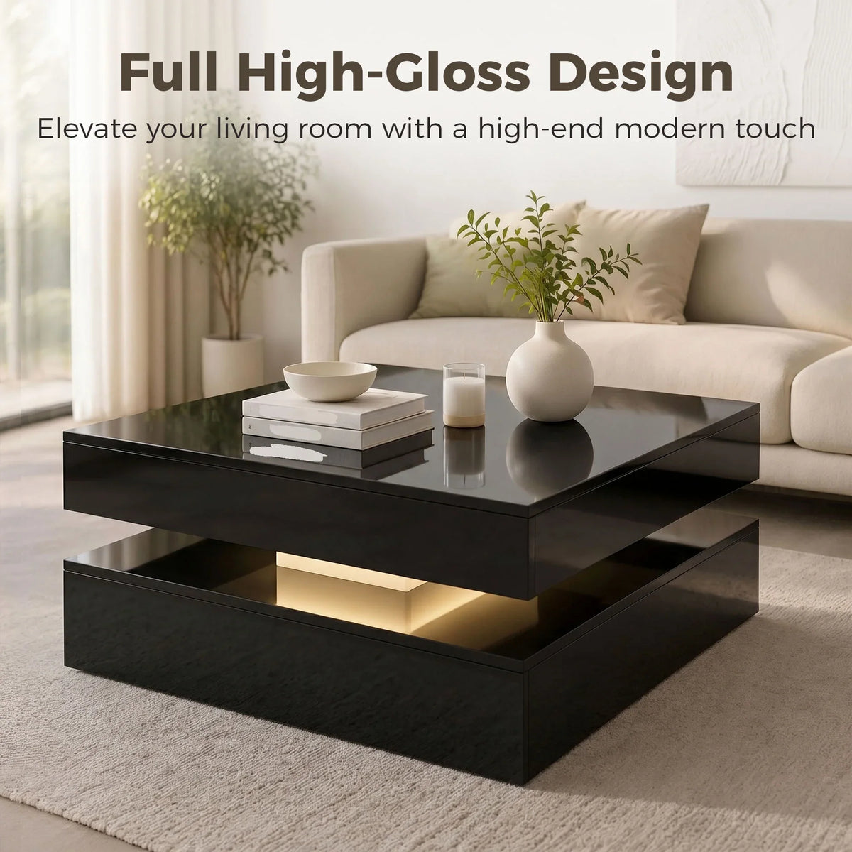 High-gloss black 2-tier coffee table with open shelf storage and reflective top