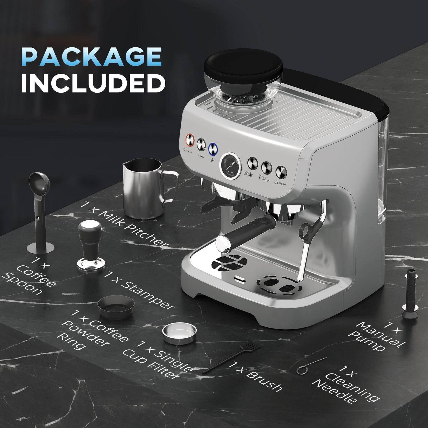 HOMCOM 15 Bar Espresso Maker with Adjustable Grind Settings and Milk Steamer - Silver Finish - ALL4U RETAILER LTD