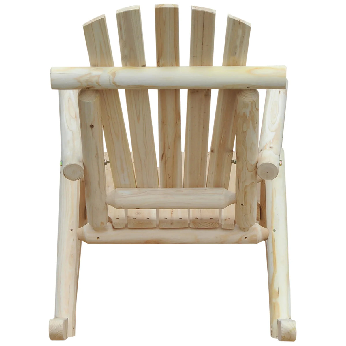 Back view of light wood rocking chair with slatted back panel