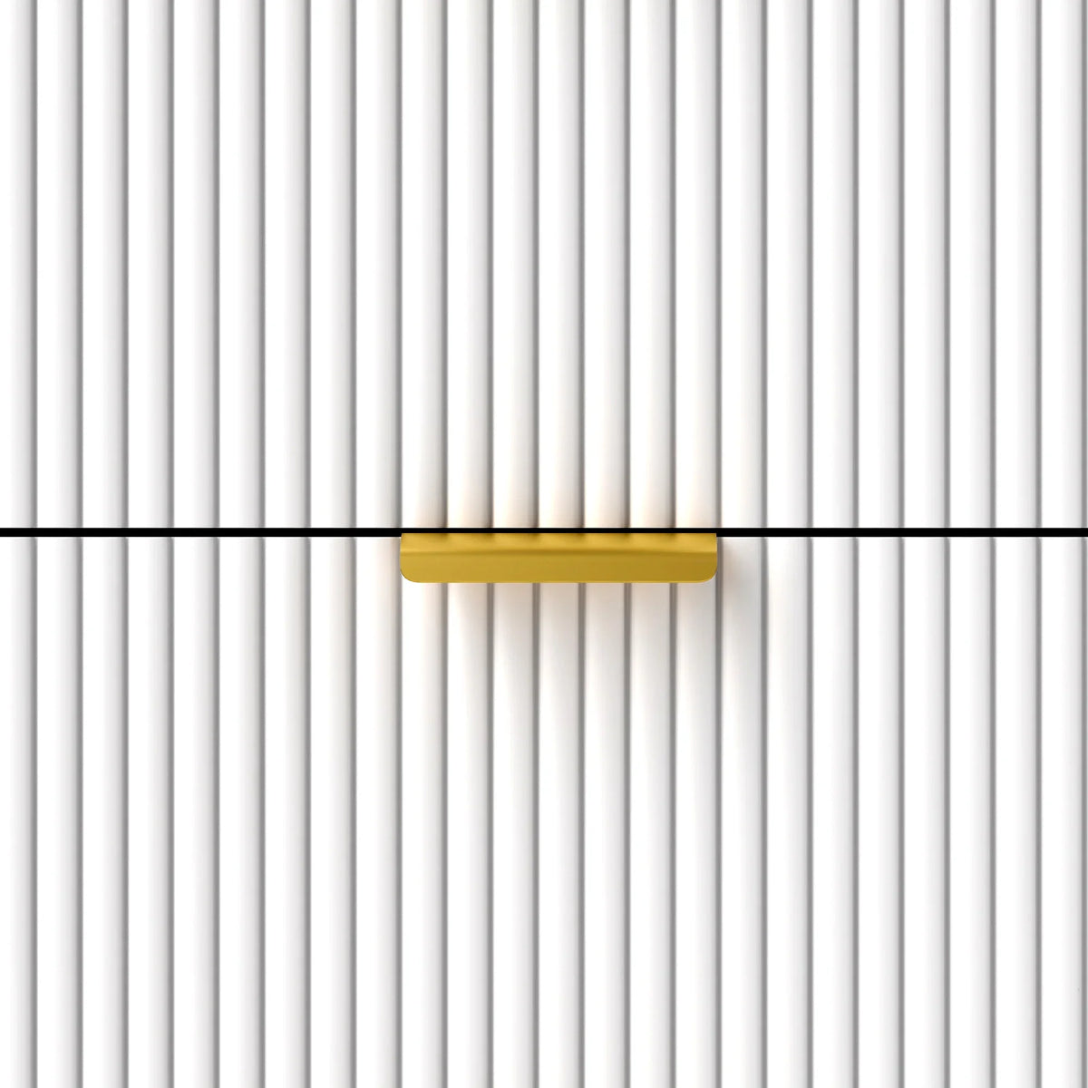 Gold bar drawer handle on a white fluted cabinet panel