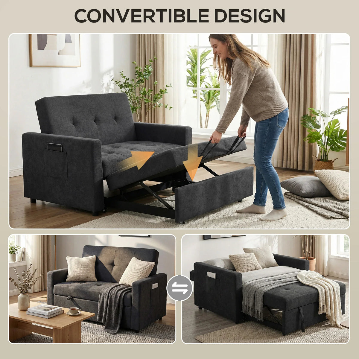 Dark gray loveseat sofa bed convertible with two throw pillows and open bed