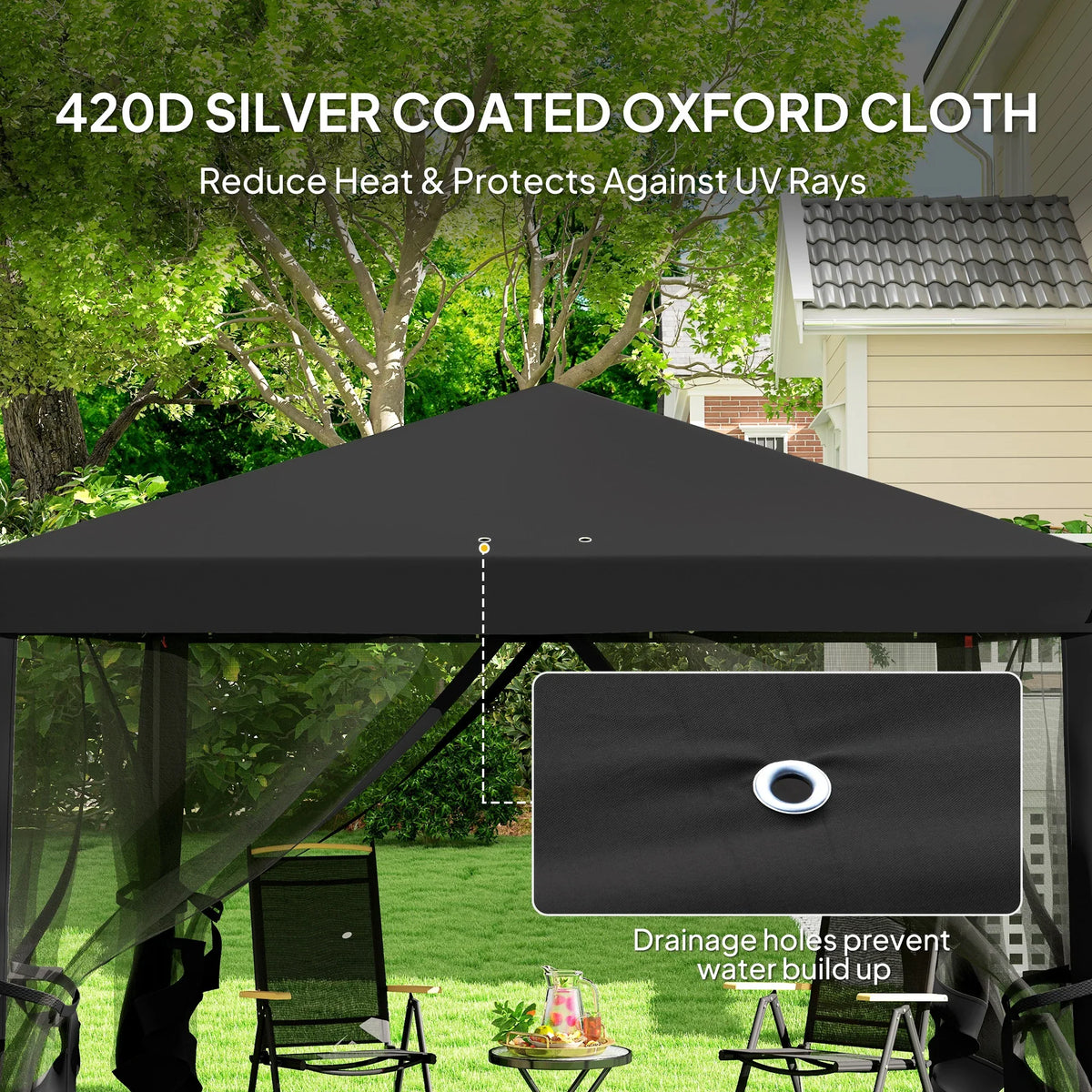 Black canopy of pop-up gazebo with drainage holes
