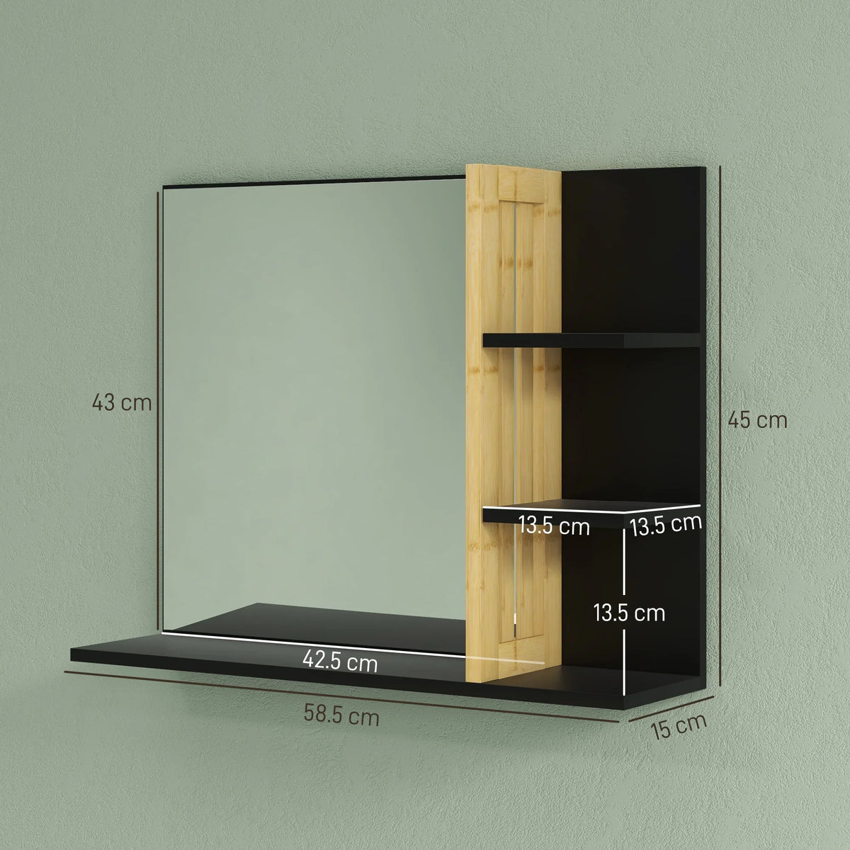 Wall-mounted mirror cabinet with bamboo side panel and four shelves, black backing