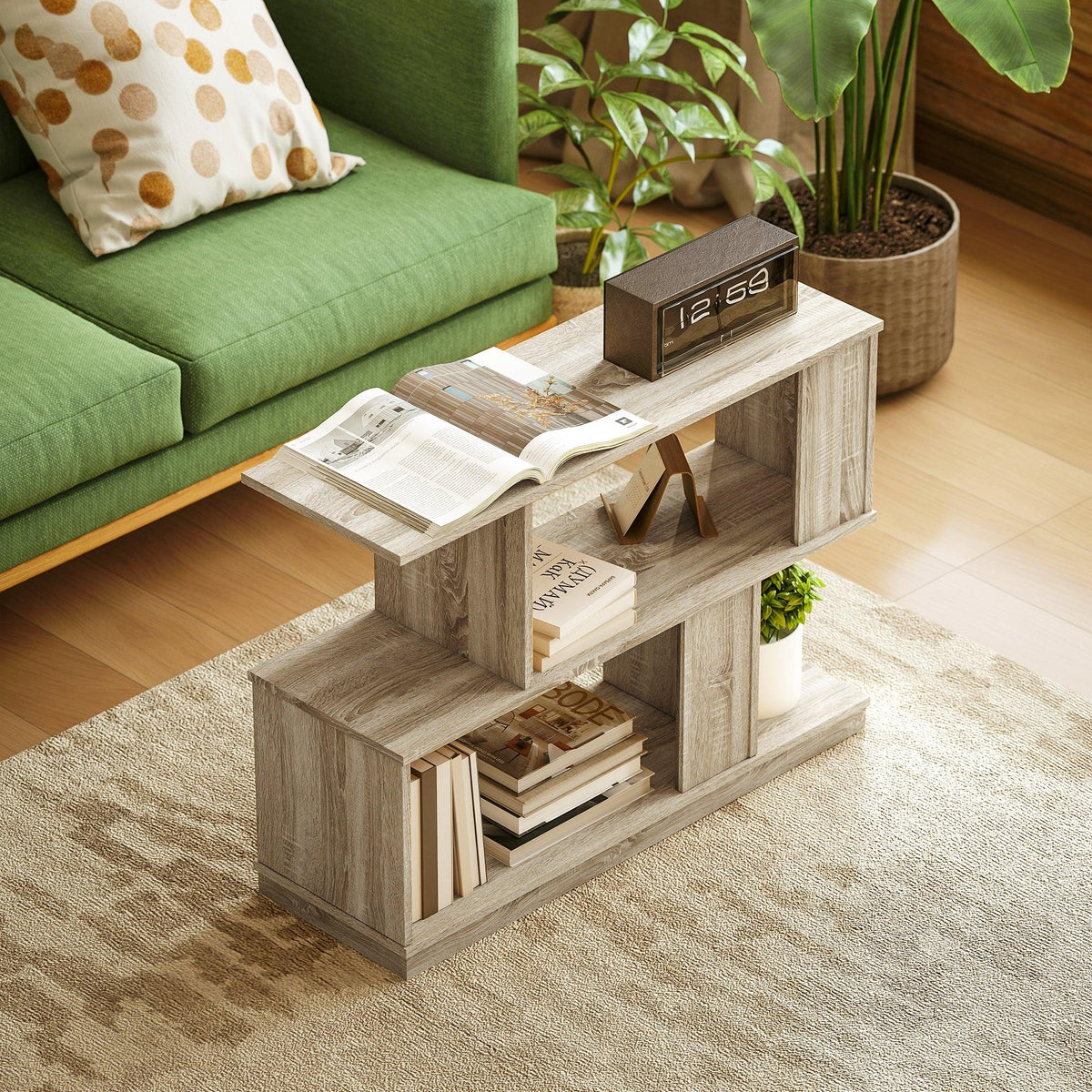 S-shaped wood side table with tiered open shelves for magazines and small storage