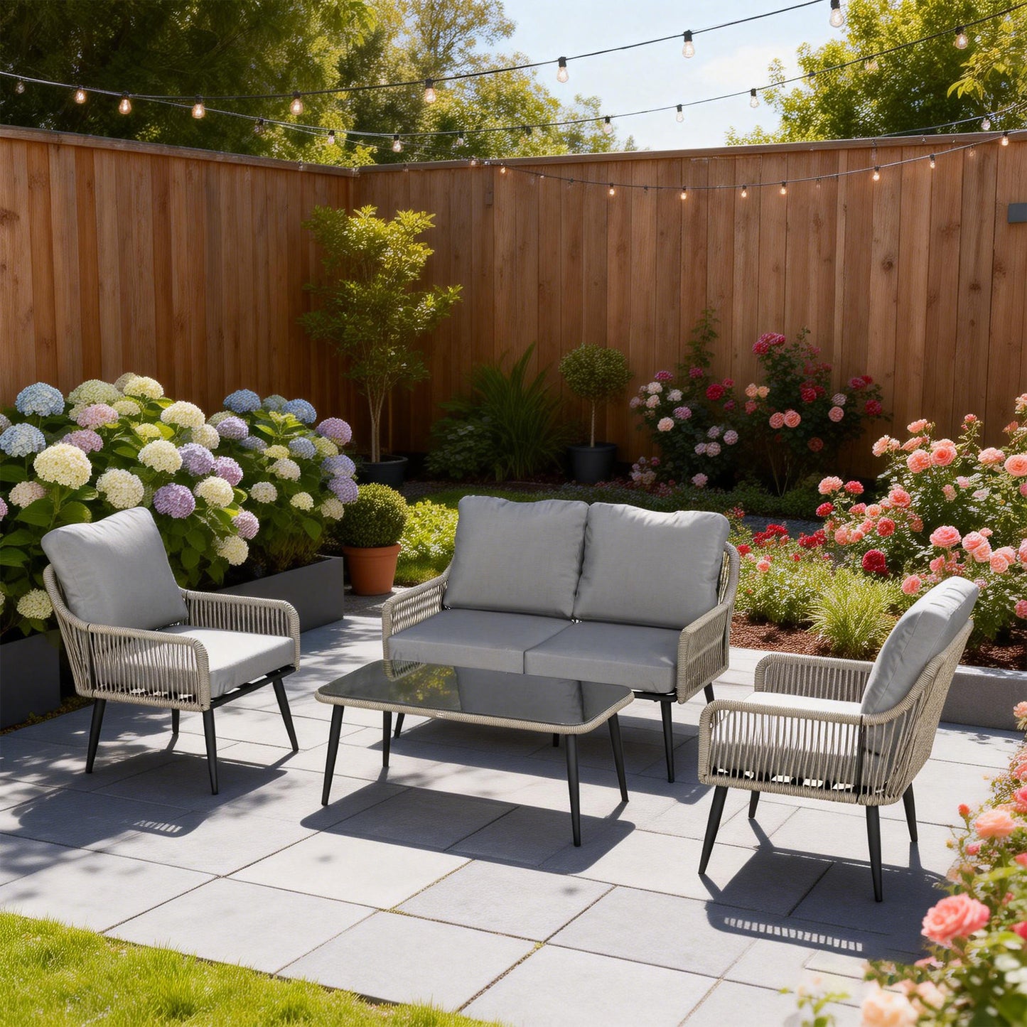 Outsunny Rattan Garden Furniture Set 4 Piece Outdoor Patio Set With Tempered Glass Table And Cushioned Chairs