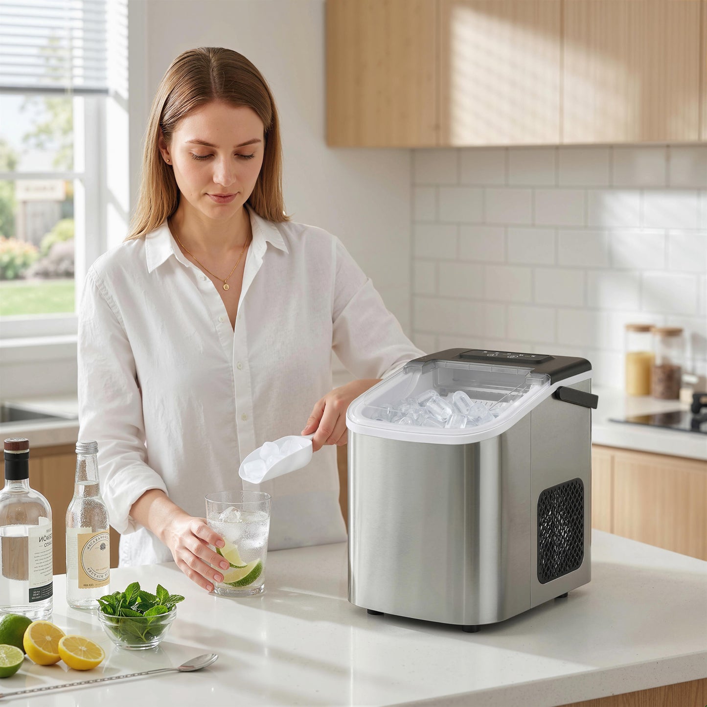 HOMCOM Ice Maker Countertop 9 Cubes in 7 Min 12 Kg per 24 Hours Self Cleaning Portable Handle Scoop Basket Two Ice Sizes