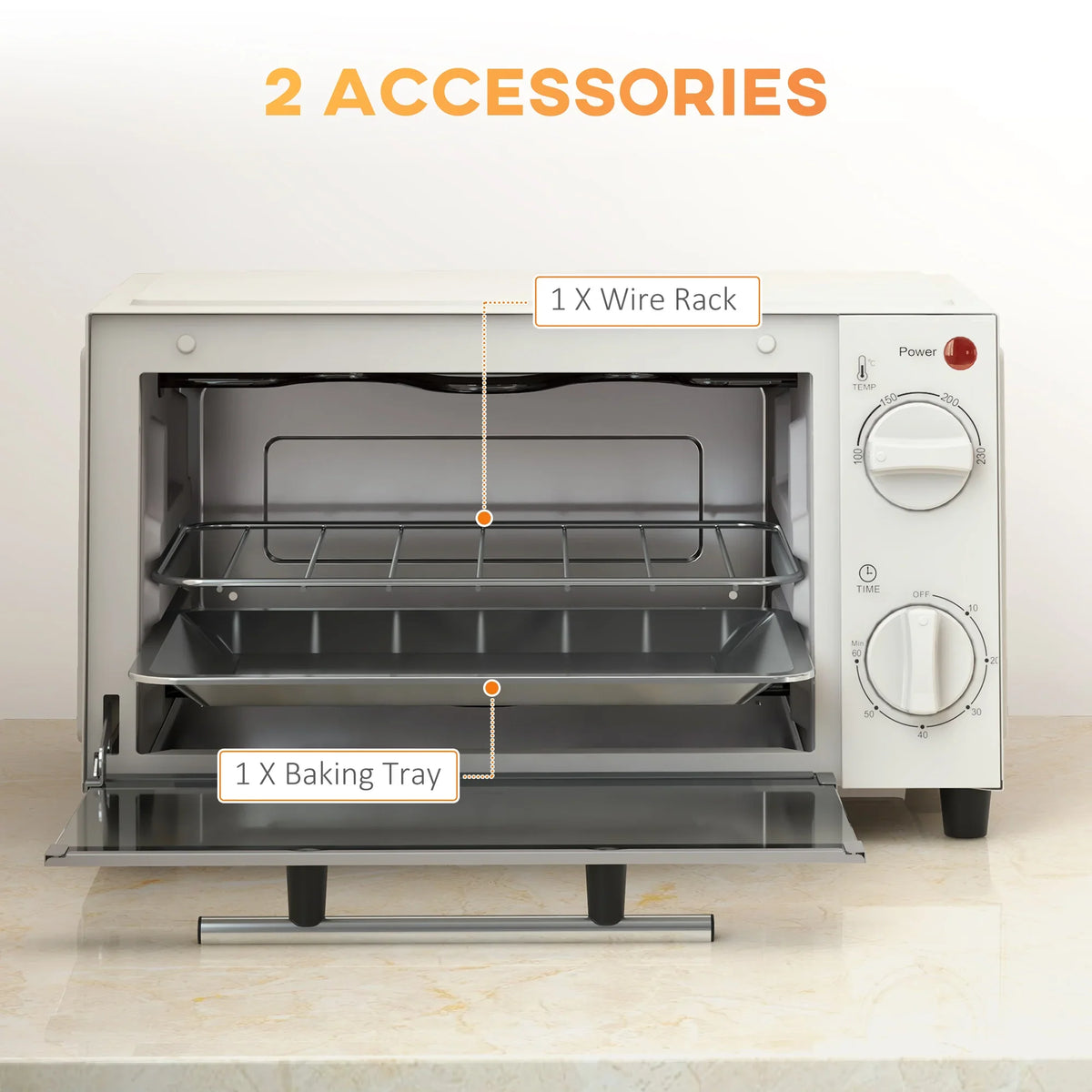 Open cream mini oven interior with wire rack and baking tray on supports