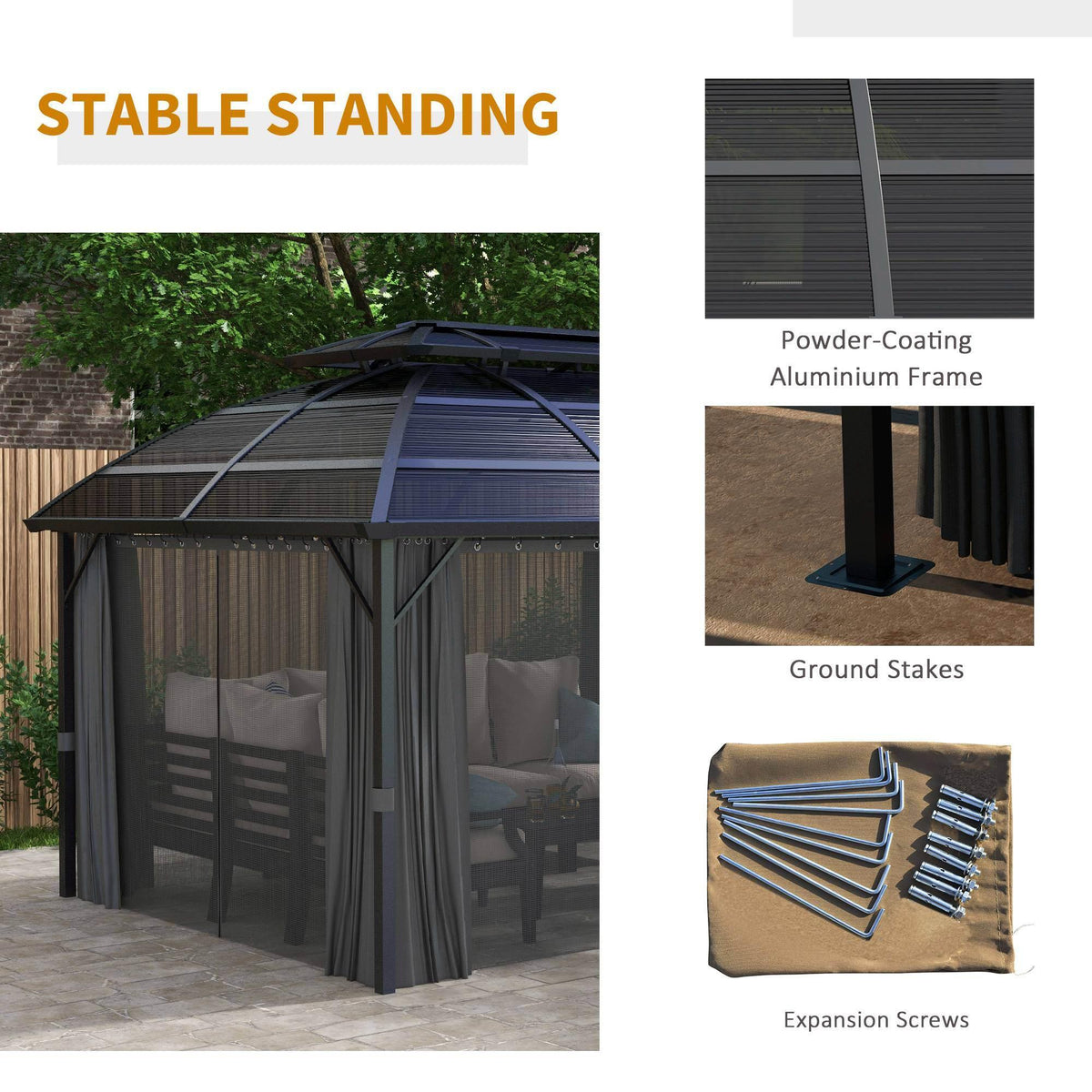 Powder-coated aluminum hardtop gazebo frame with ground stakes and expansion screws
