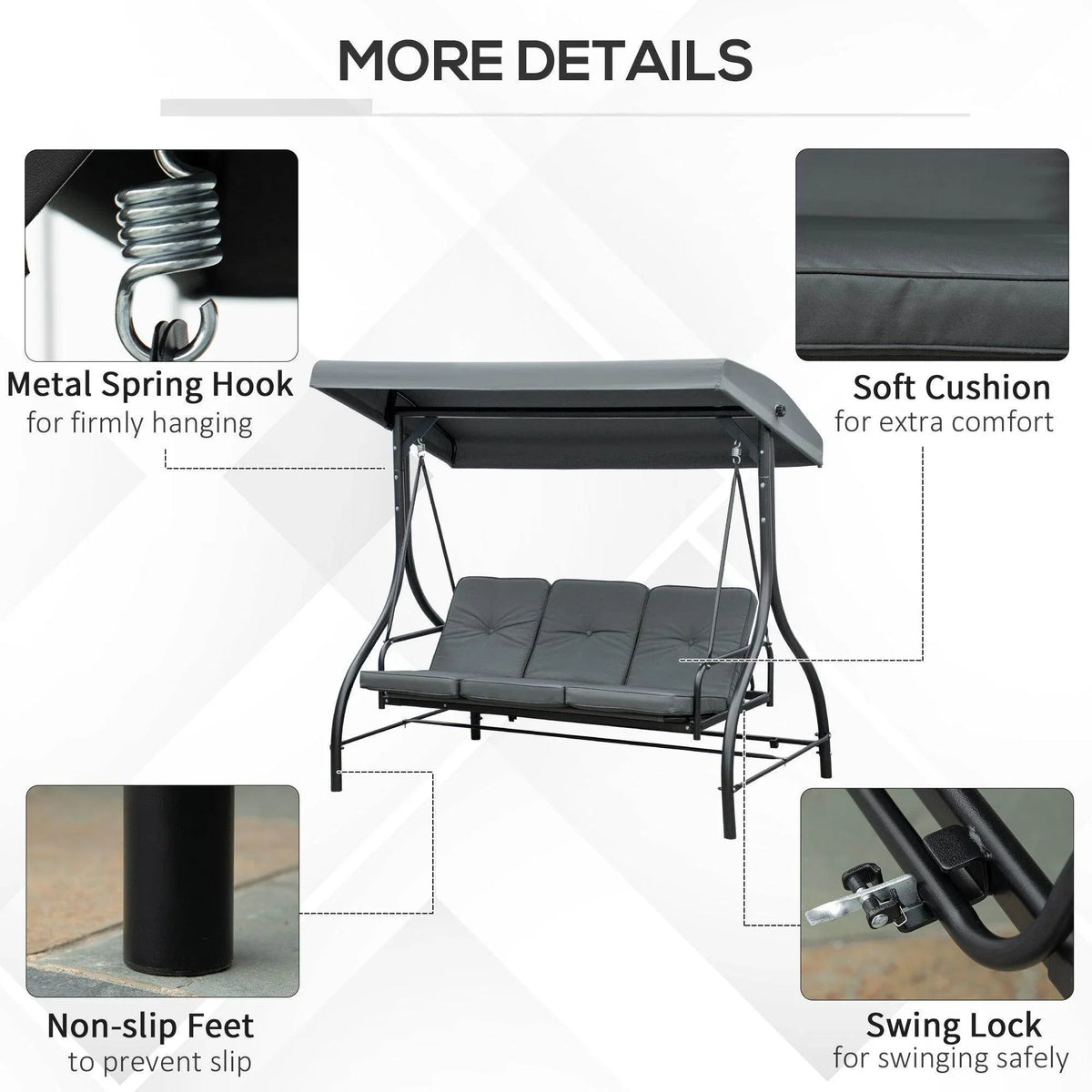 Dark gray canopy swing chair with soft cushions, non-slip feet, and metal hooks