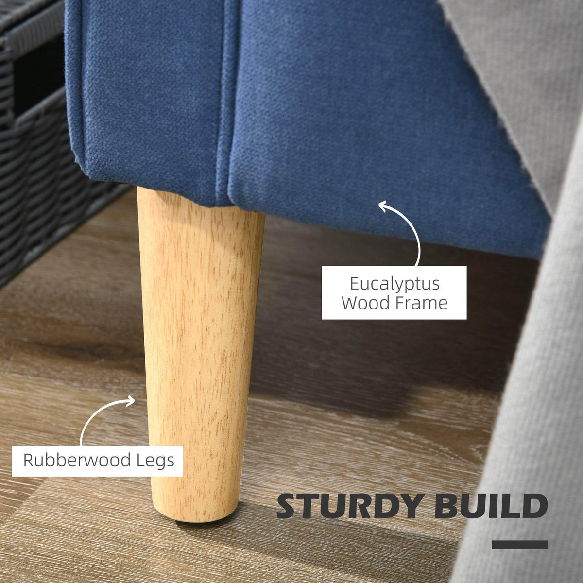 Blue loveseat sofa with rubberwood legs and upholstered base corner detail