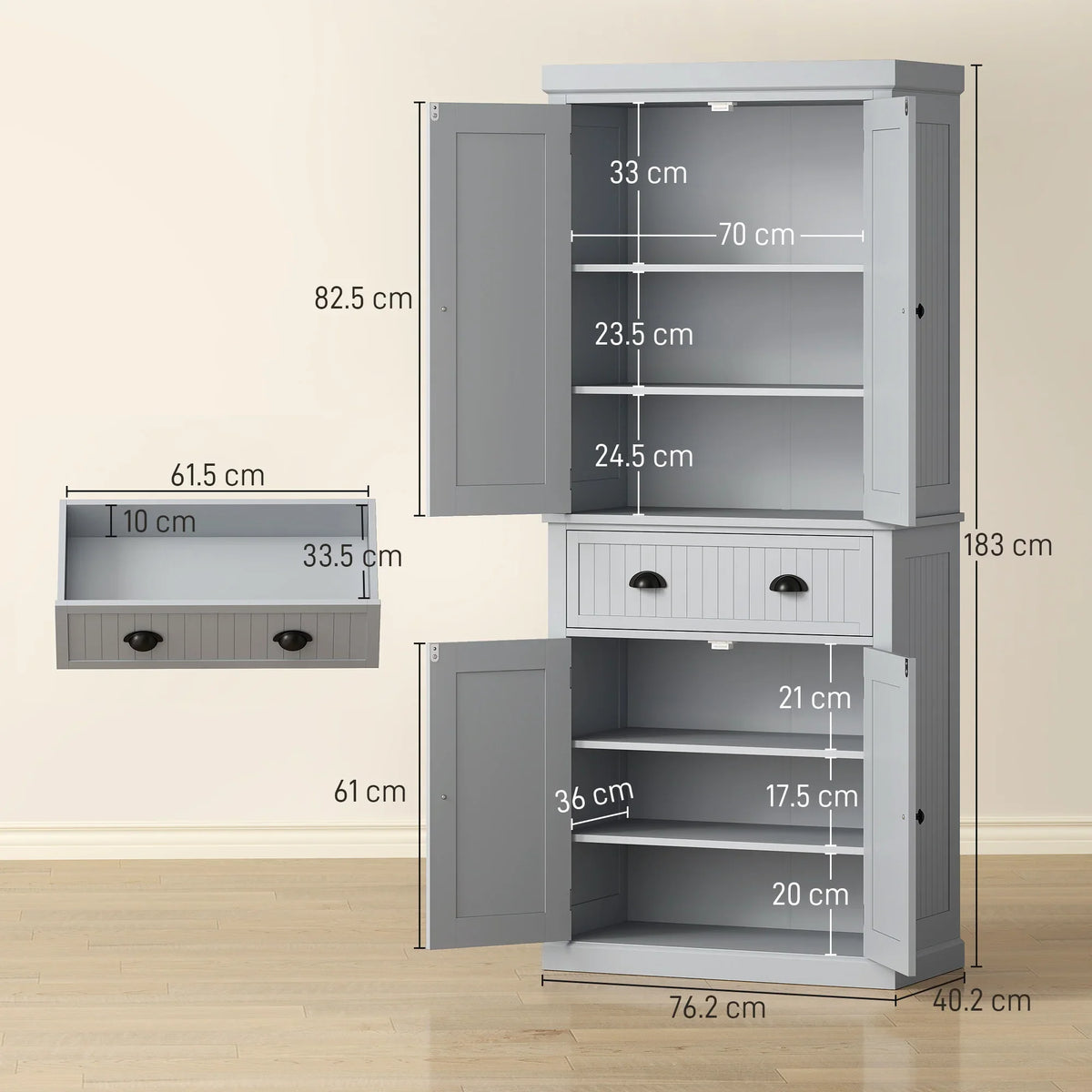 Grey pantry cabinet with double doors, drawer unit, and open compartments shown with measurements