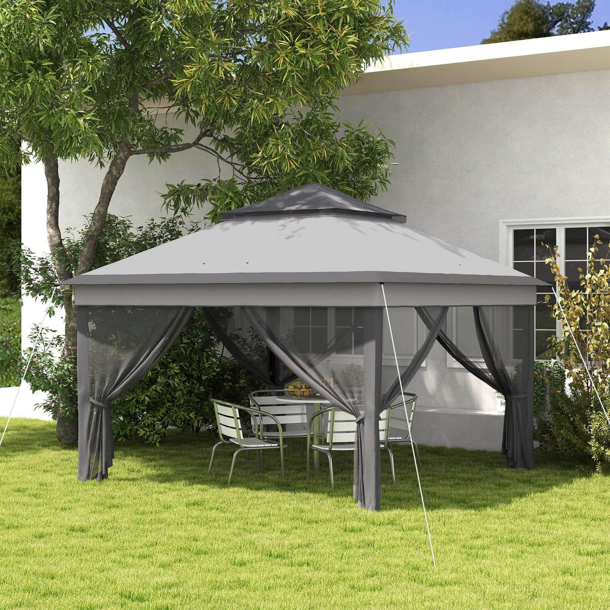 Grey pop-up gazebo with dark side curtains and mesh panels, open pavilion setup