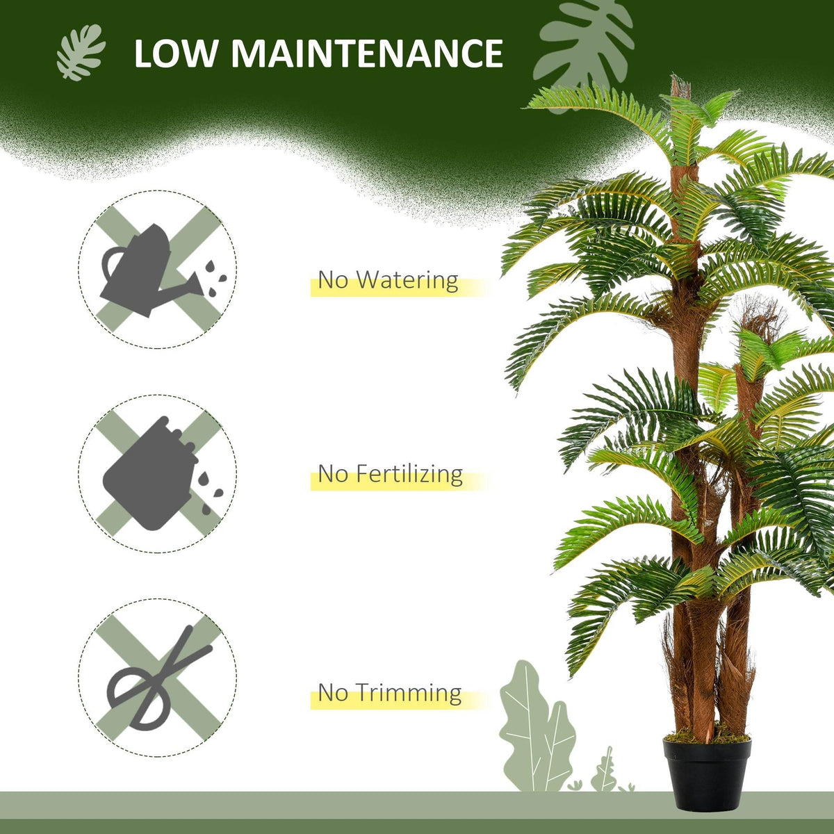 Artificial tropical palm plant in black pot with green fronds and textured brown trunk