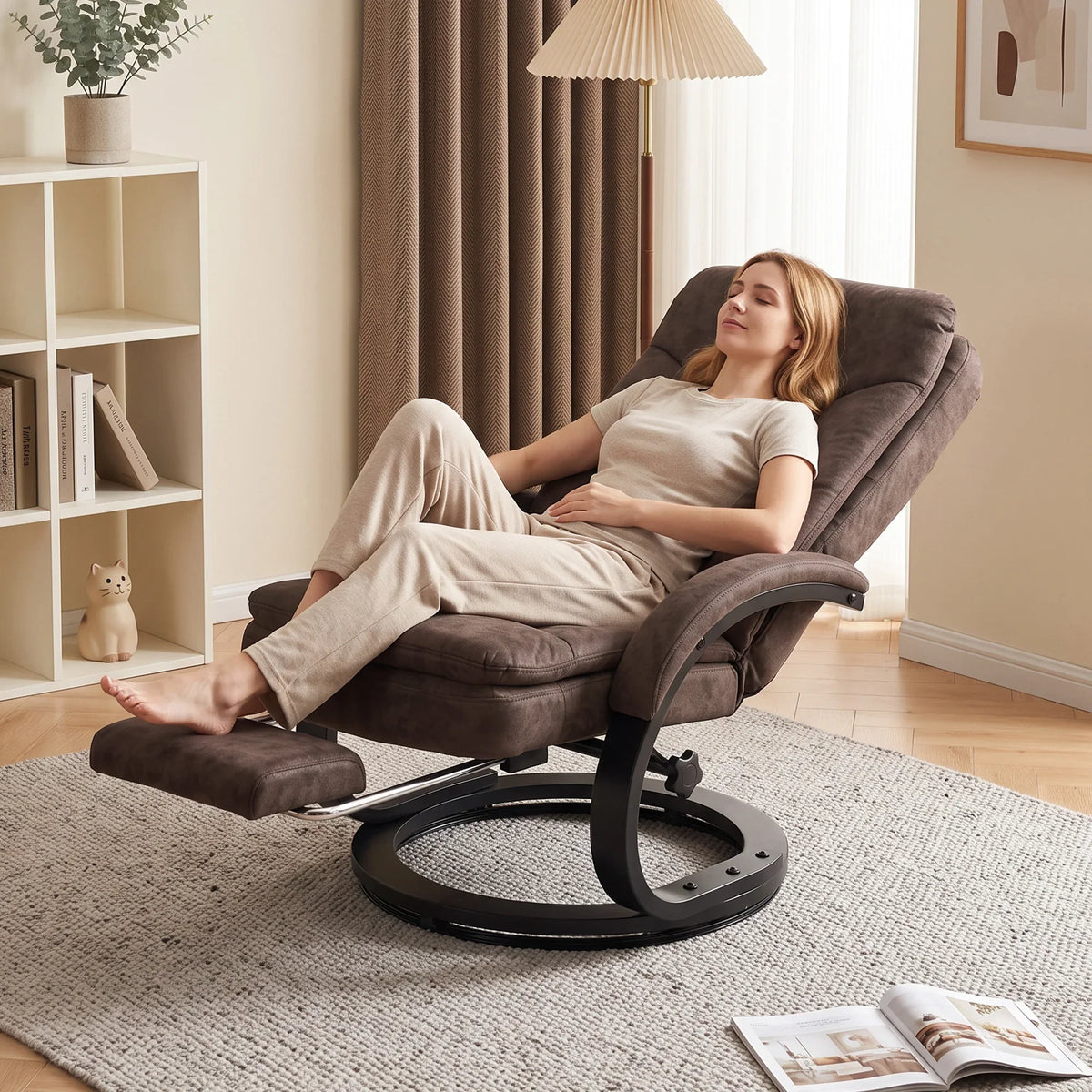 Dark brown velvet swivel recliner chair with retractable footrest, fully reclined
