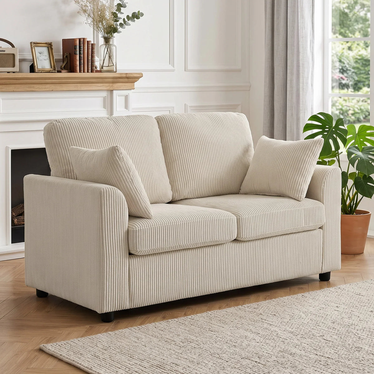 Beige corduroy 2-seater sofa with wide arms and plush back cushions.