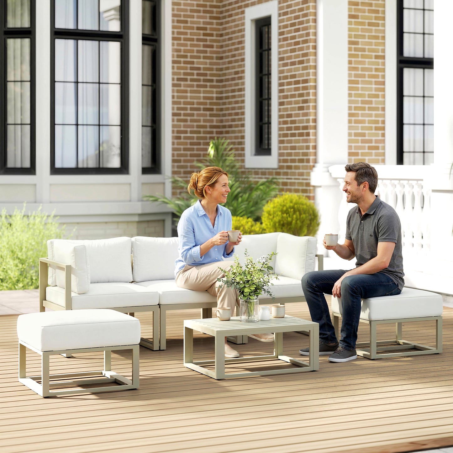 Outsunny Garden Daybed 6 Piece Outdoor Sectional Sofa Set Aluminium Patio Conversation Furniture With Coffee Table