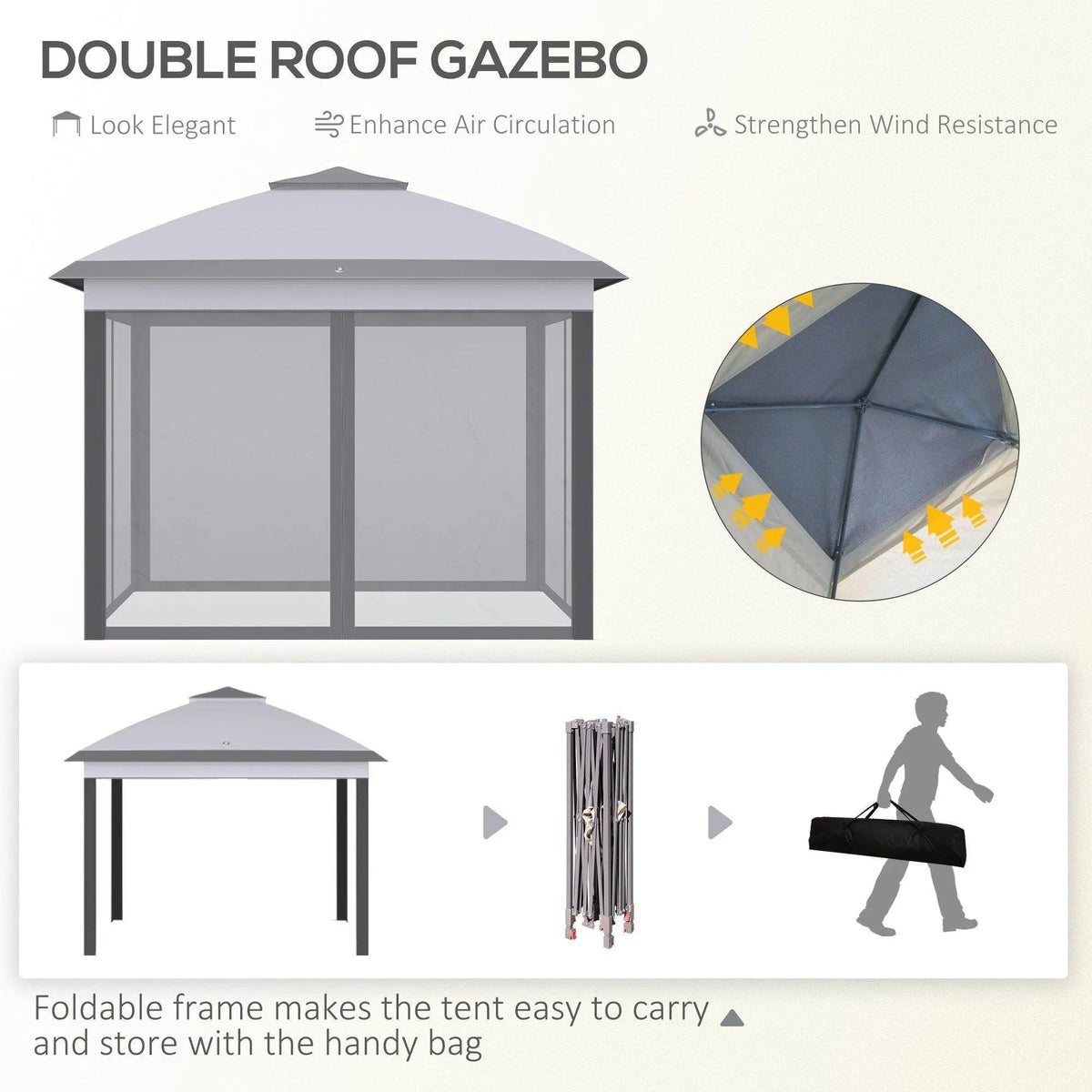 Grey pop-up gazebo with mesh panels and sloped canopy roof for airflow.