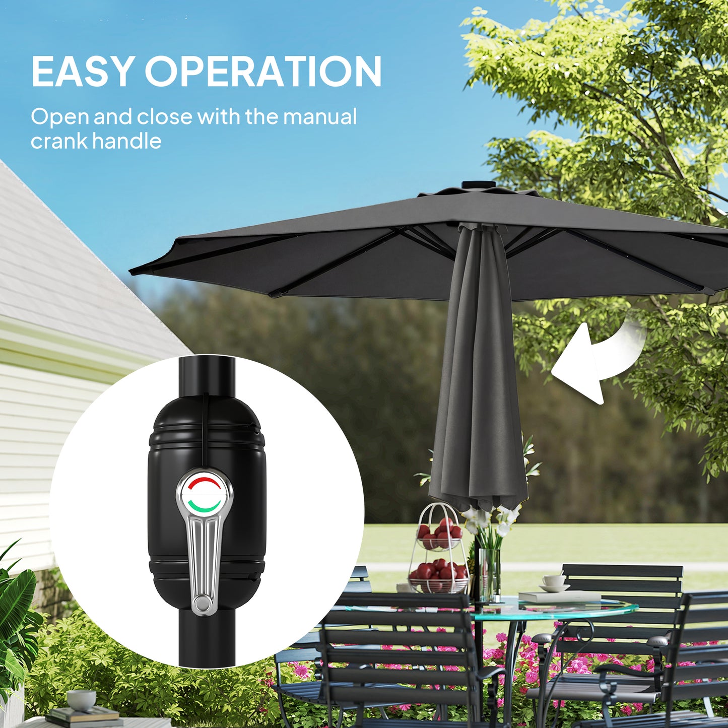 Outsunny 2.6m Garden Parasol Umbrella With LED Solar Light Parasol Cover Outdoor Market Patio Black
